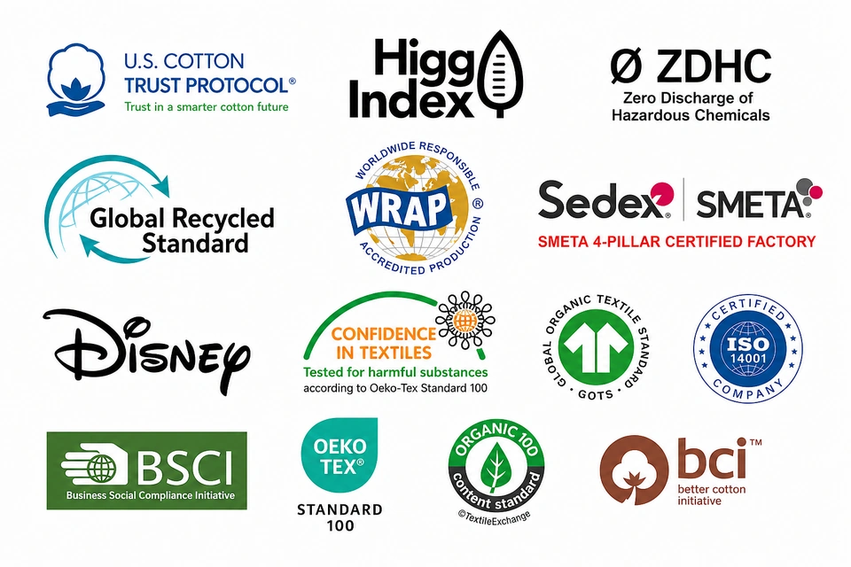 Certification and standards marks: U.S. Cotton Trust Protocol, Higg Index, ZDHC, Global Recycled Standard, WRAP, Sedex SMETA, Disney, OEKO-TEX, GOTS, ISO 14001, BSCI, Organic Content Standard and Better Cotton Initiative