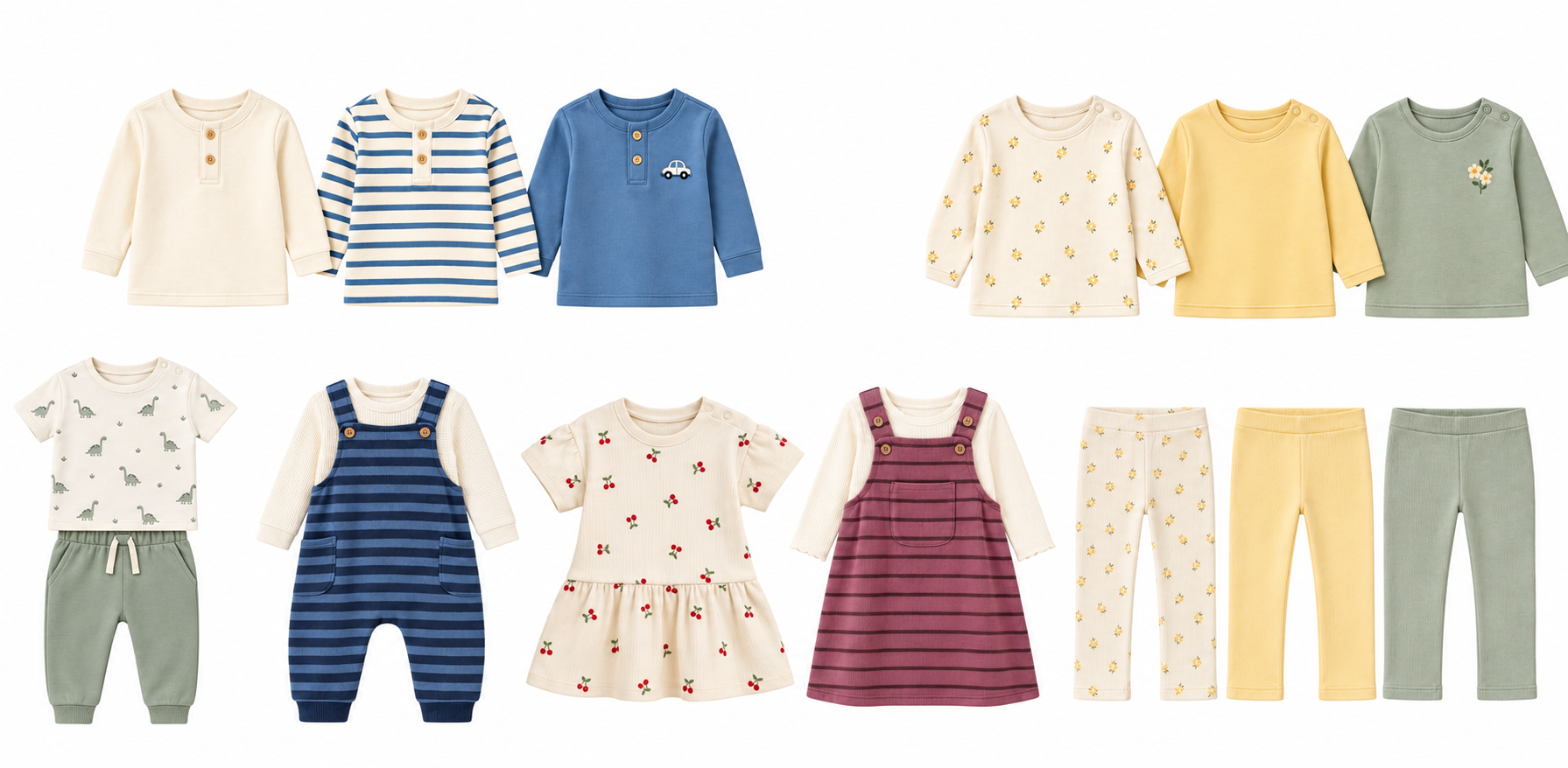 A grid of children's tops, coordinated sets, dungarees and trousers in soft neutral, yellow, green and blue tones