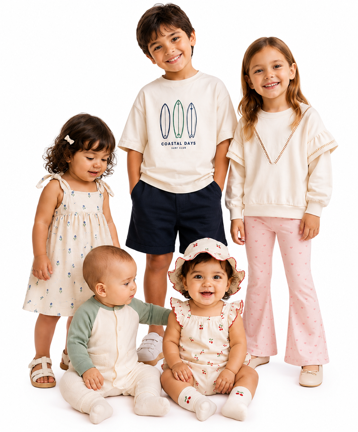 Five children wearing coordinated Poppys Coastal Days outfits