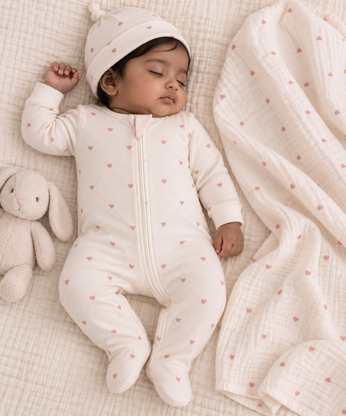 A newborn baby resting in a soft heart-print sleepsuit with matching blanket